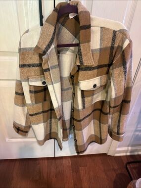 Woven Plaid Shacket Jacket - Cream & Tan